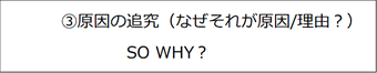 ③原因の追究（なぜそれが原因／理由？） SO WHY?